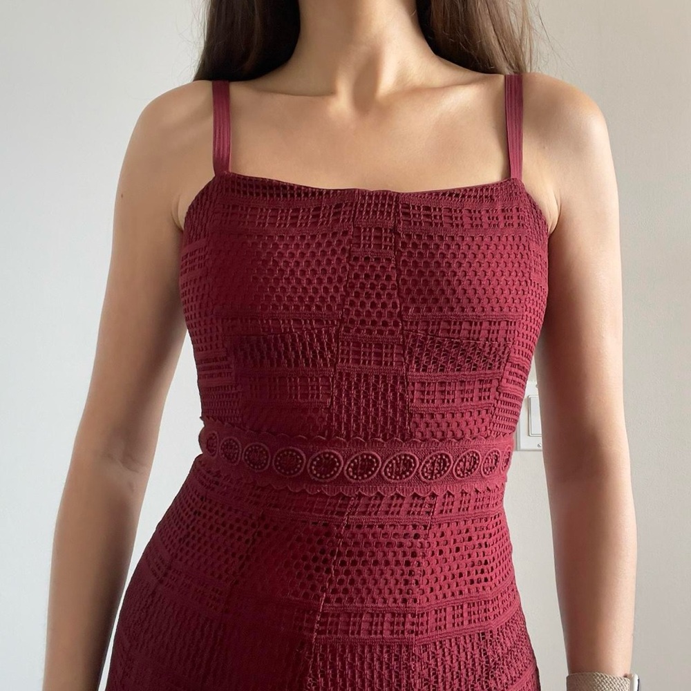 Sandro | Burgundy lace flared midi sleeveless cocktail dress | Size S - Picture 4 of 8